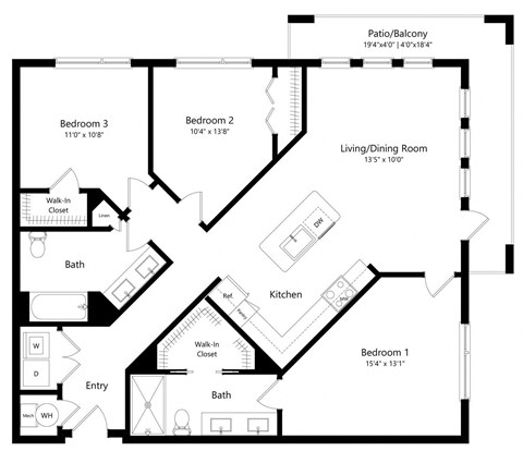 Floor plan for 3 beds, 2 baths, 1282 sqft